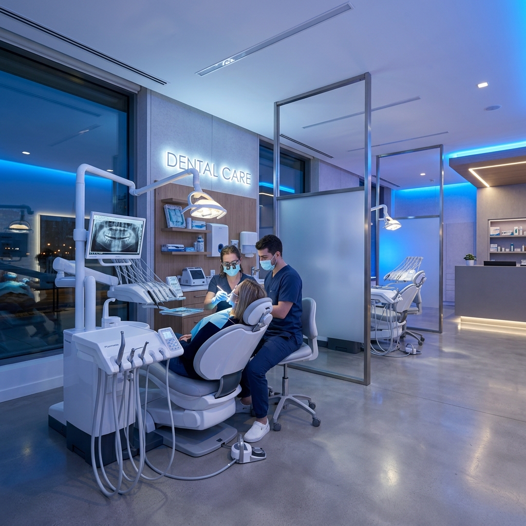 Modern clean dental clinic interior with soft blue ambient lighting and high-tech medical equipment