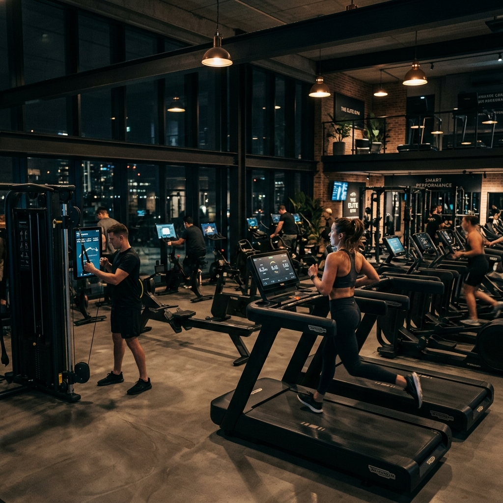 High-end fitness center with smart equipment and digital tracking screens in a moody cinematic lighting