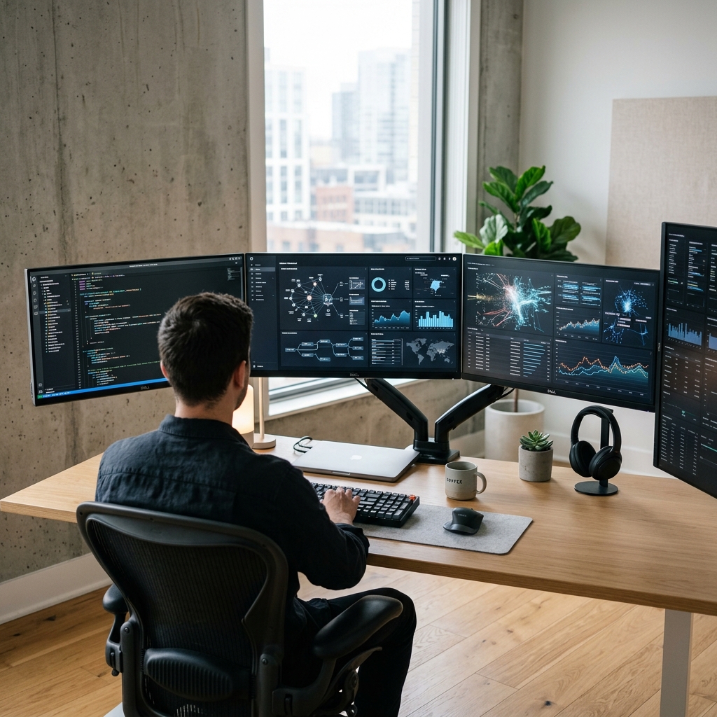 Minimalist office space with multiple screens showing complex digital workflows and abstract data visualisations