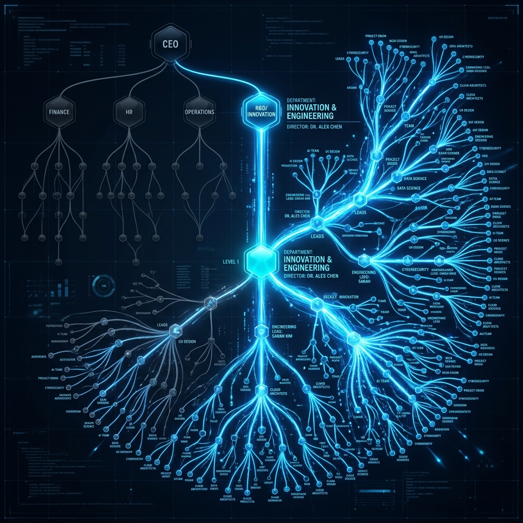 An organizational chart visualised with glowing blue connections, highlighting a single department scaling outwards into a network
