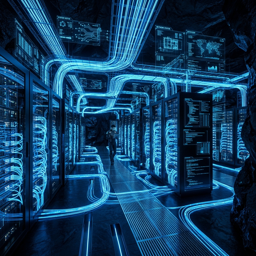 Futuristic server room with glowing blue fiber optic cables and digital circuitry overlays in a dark obsidian environment